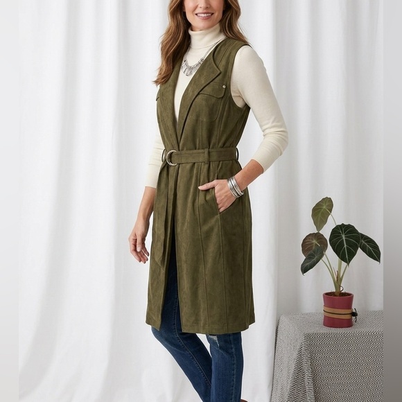 Chico's Jackets & Blazers - Chico's Olive Green Faux Suede Belted Longline Duster Vest - Size 2/Large - EUC